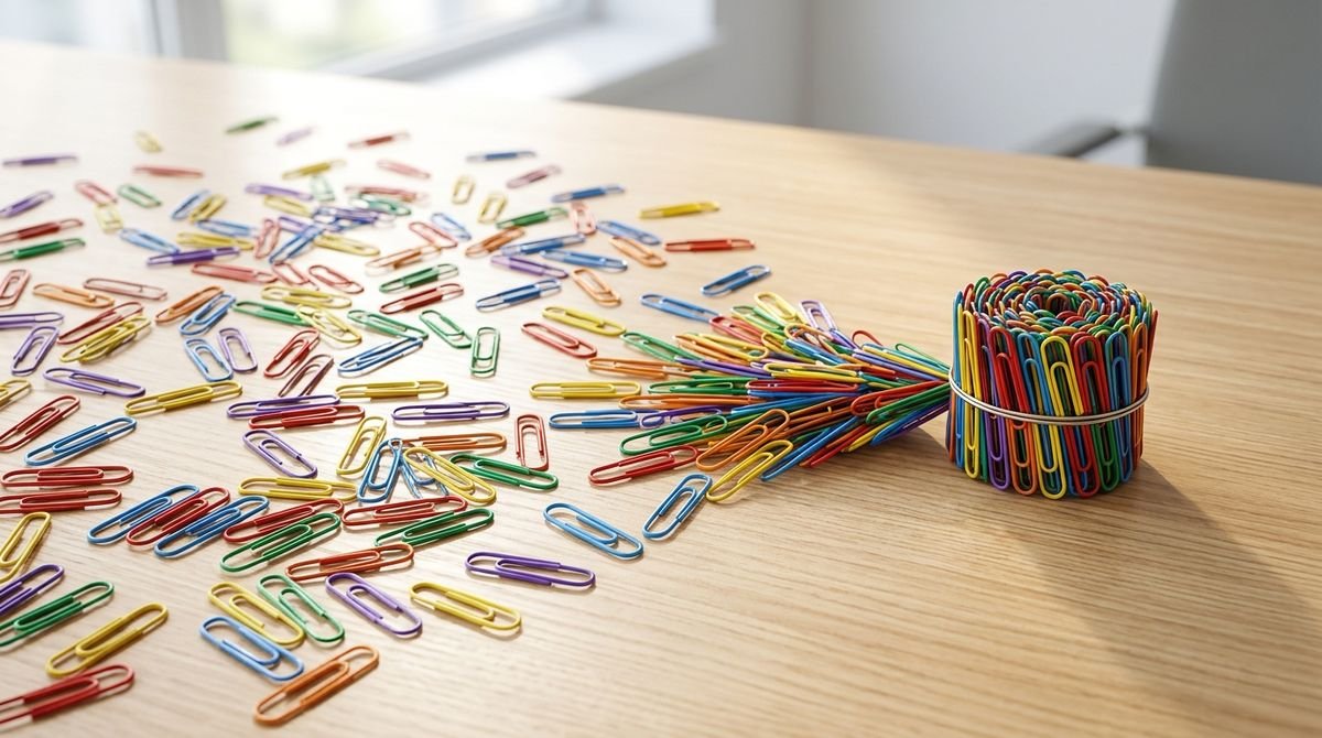Scattered paper clips gathered into one neat bundle