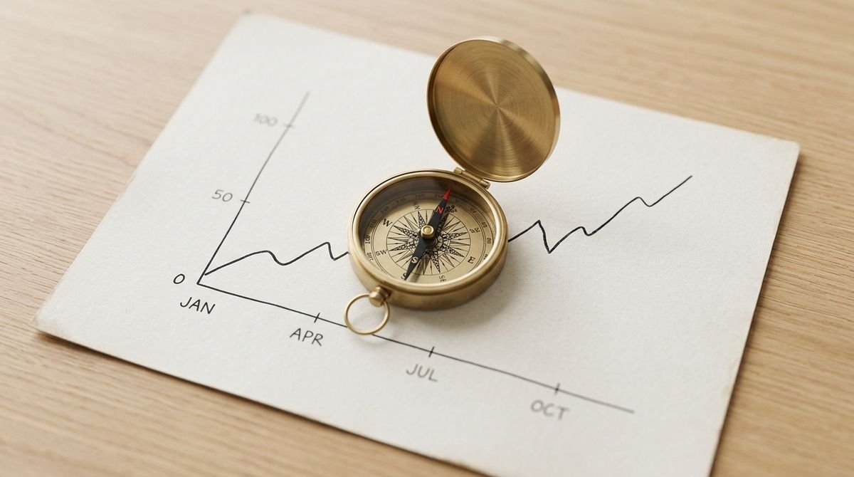 A brass compass resting on a hand-drawn line chart