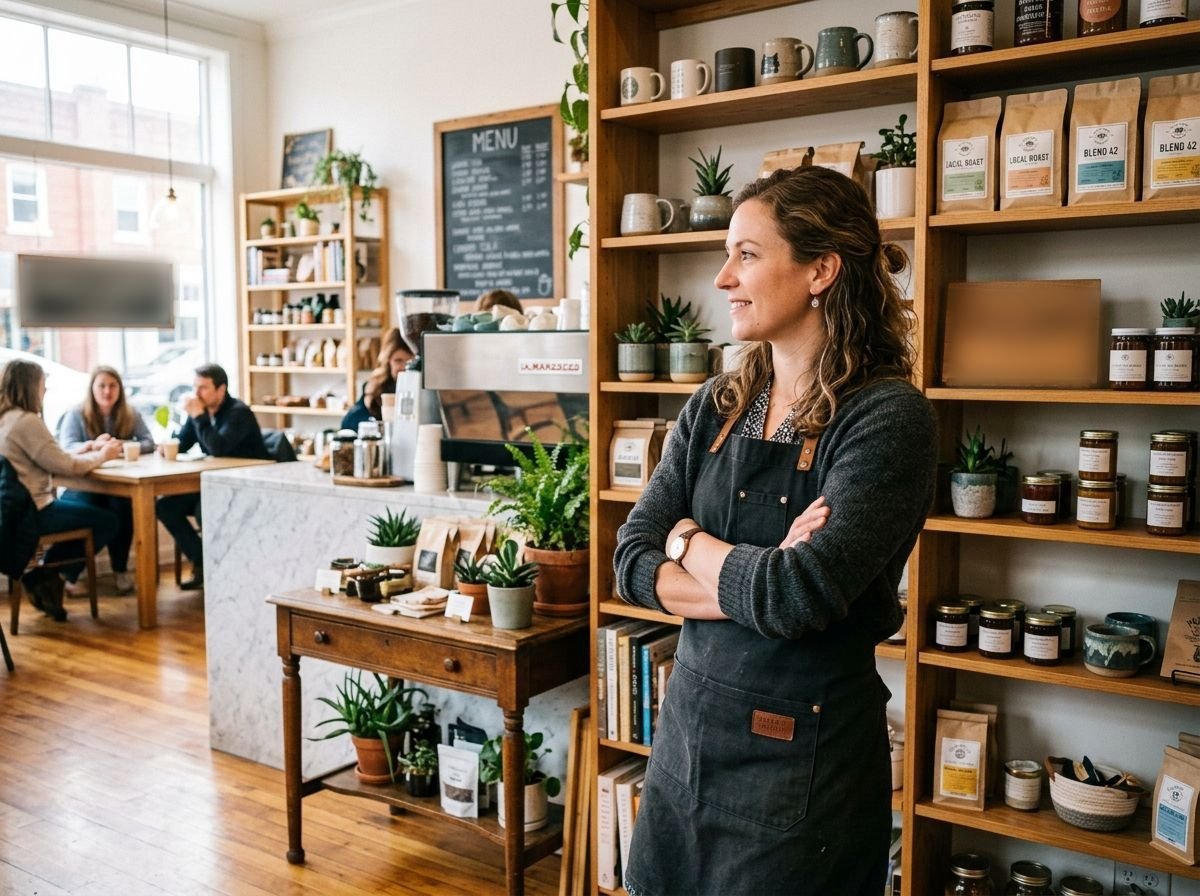 A small business owner standing in her cafe and shop