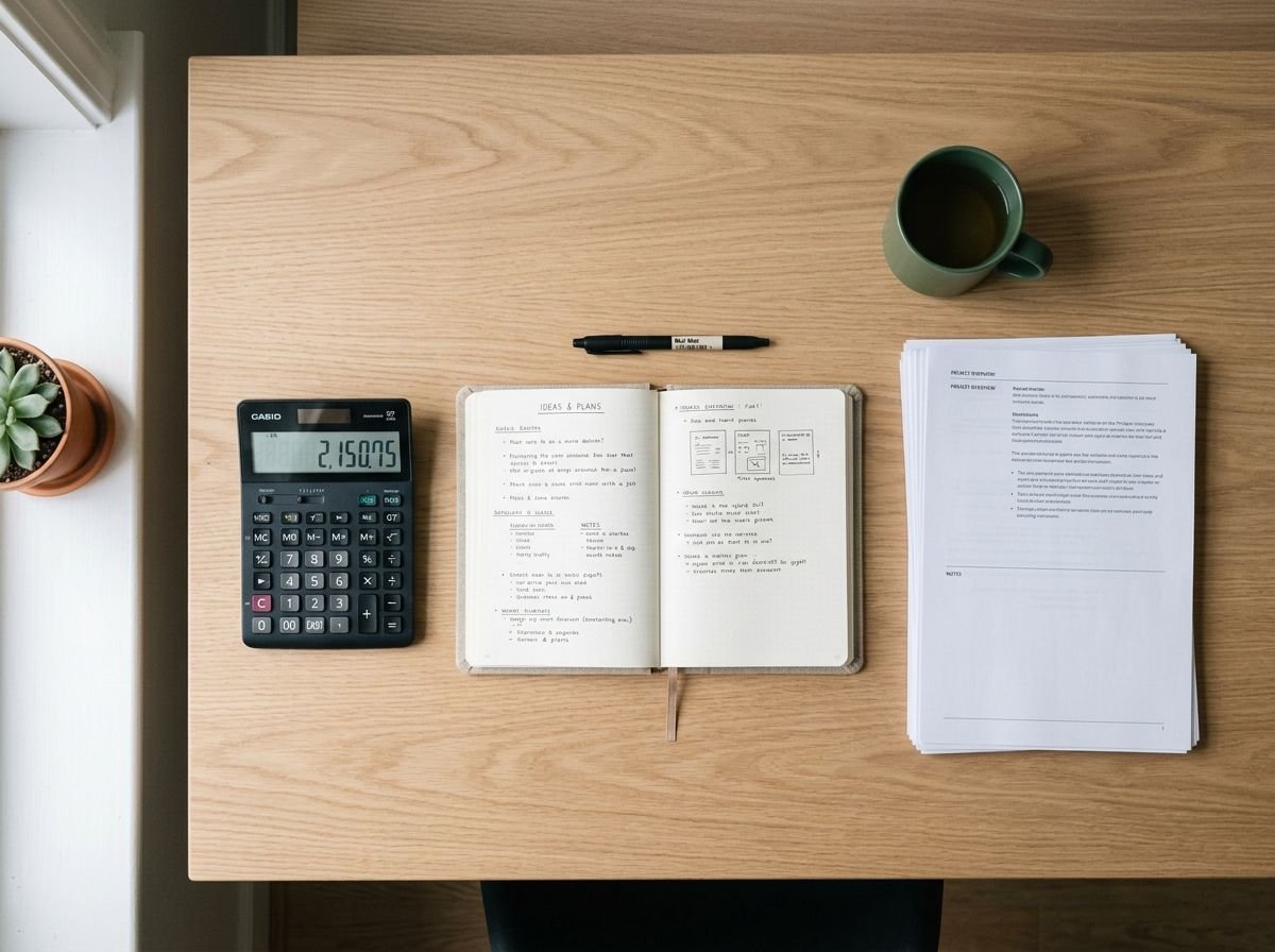 A tidy desk with a calculator, notebook, and documents