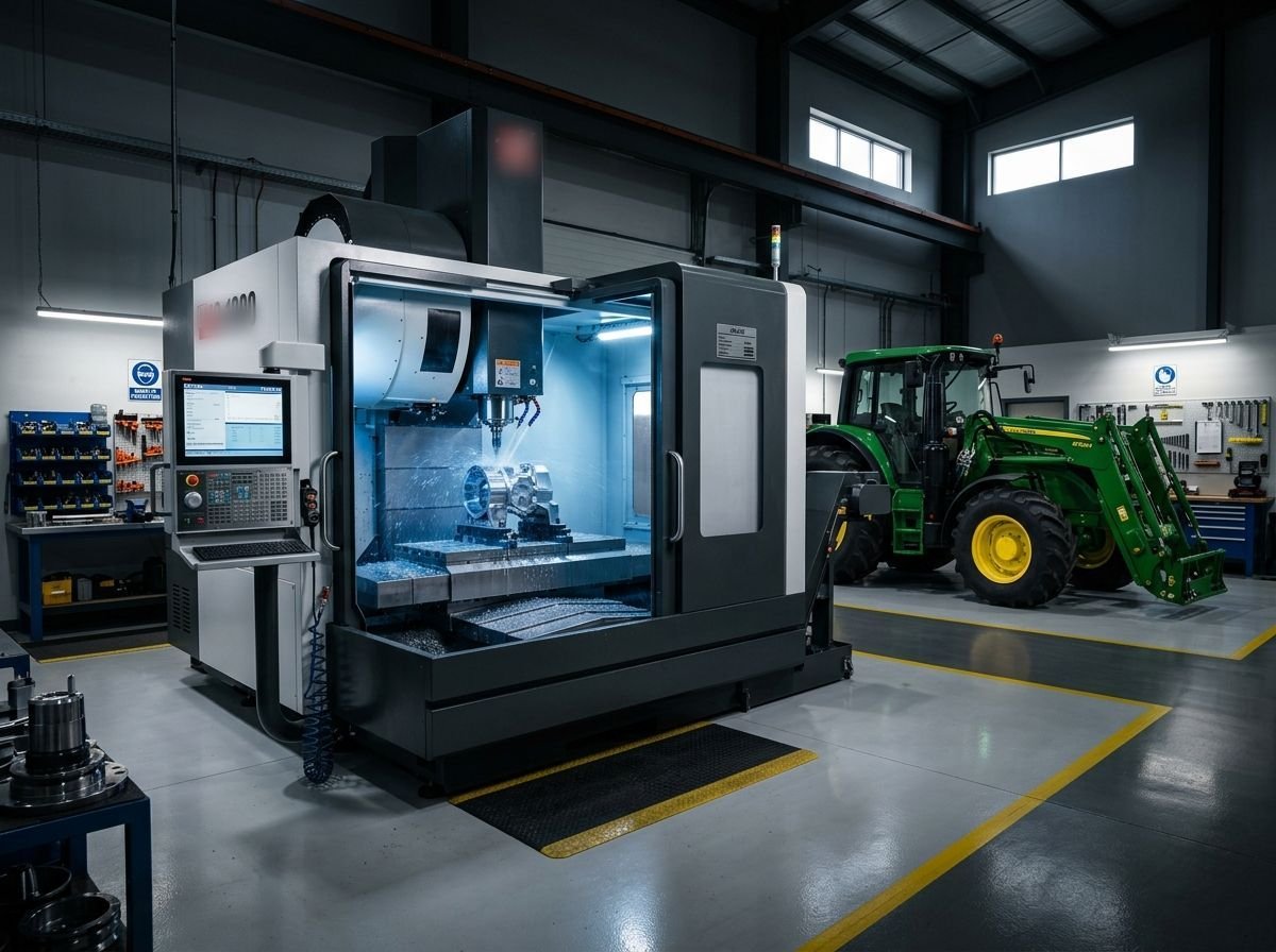 A CNC machine and a tractor inside a modern workshop