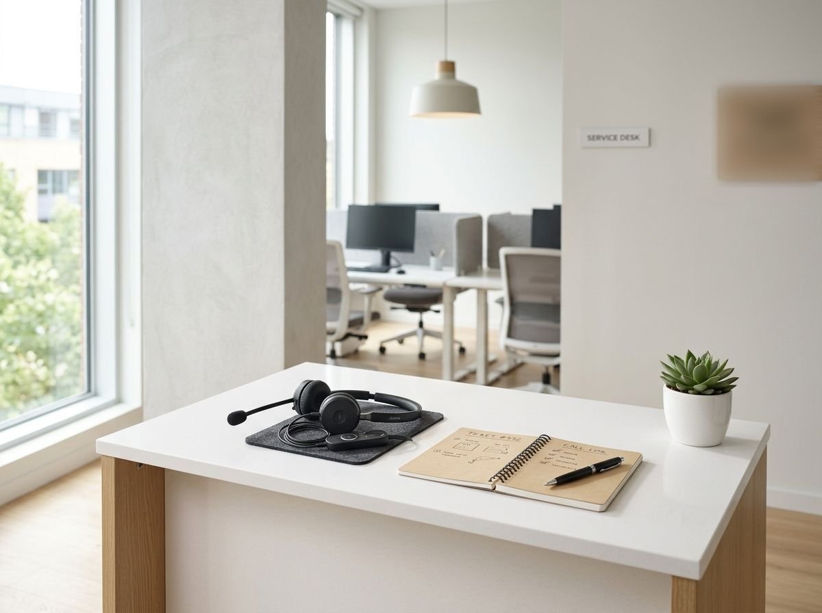 A bright service desk with a headset and a notebook