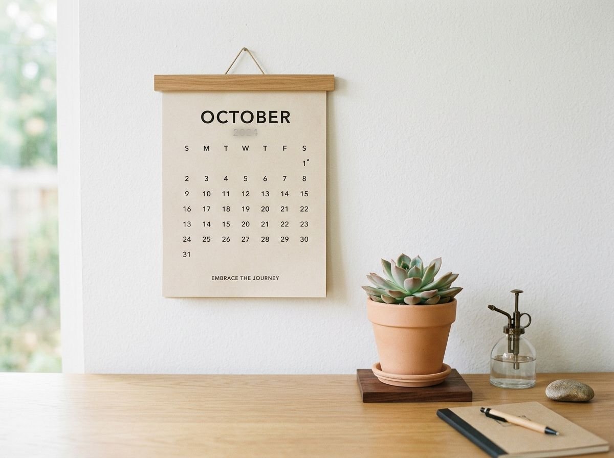 A wall calendar and a succulent on a desk