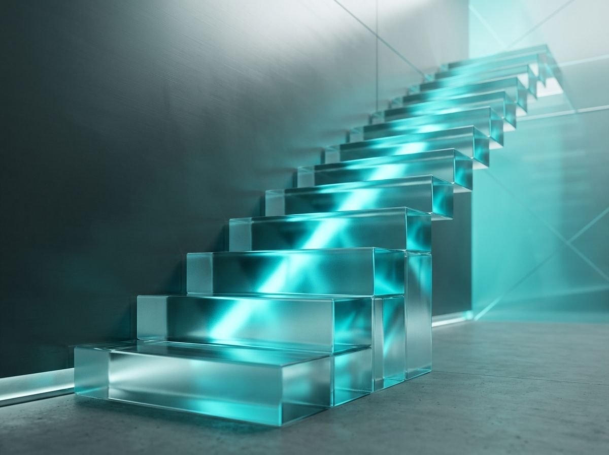 Glass steps lit with teal light, rising upward