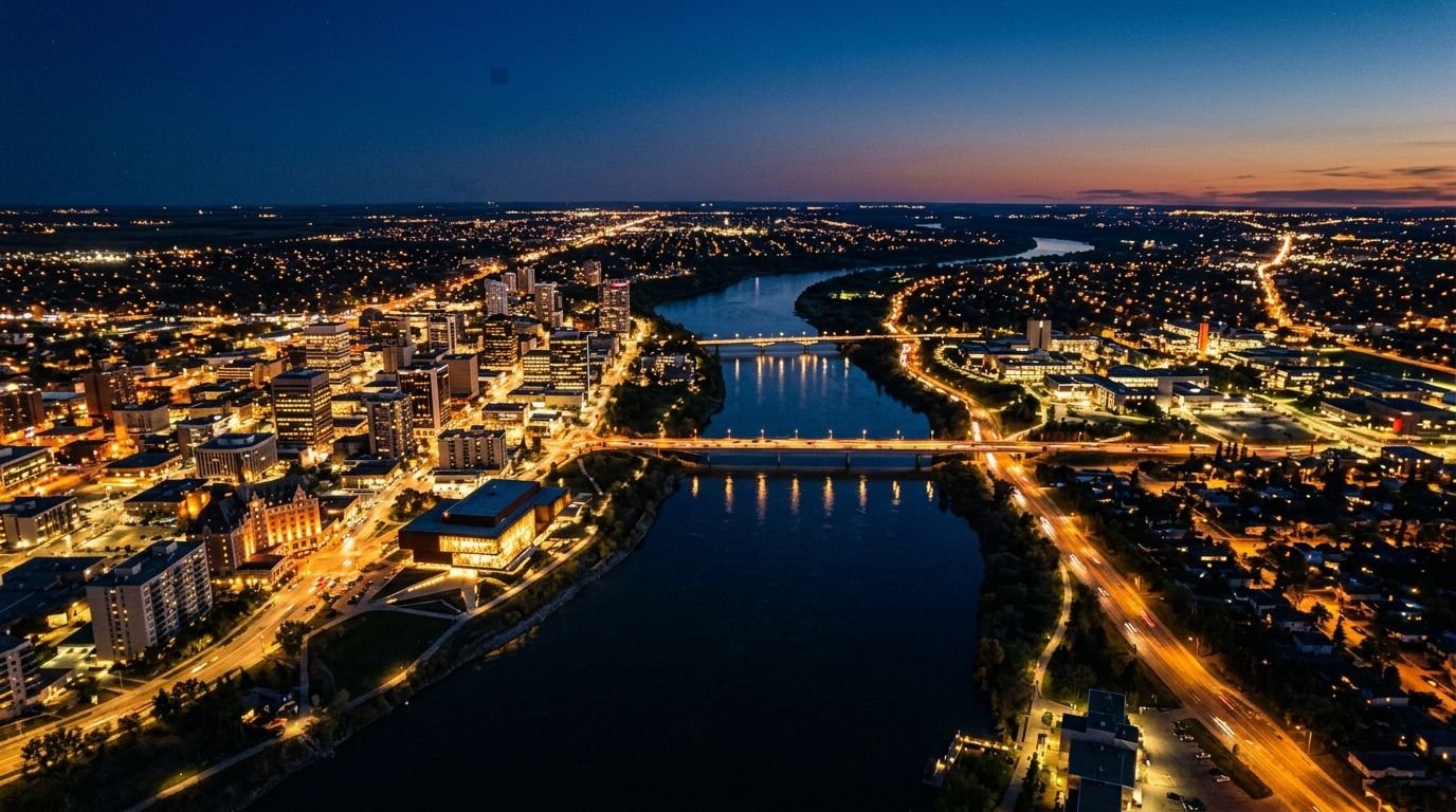 The Saskatoon skyline and river at night