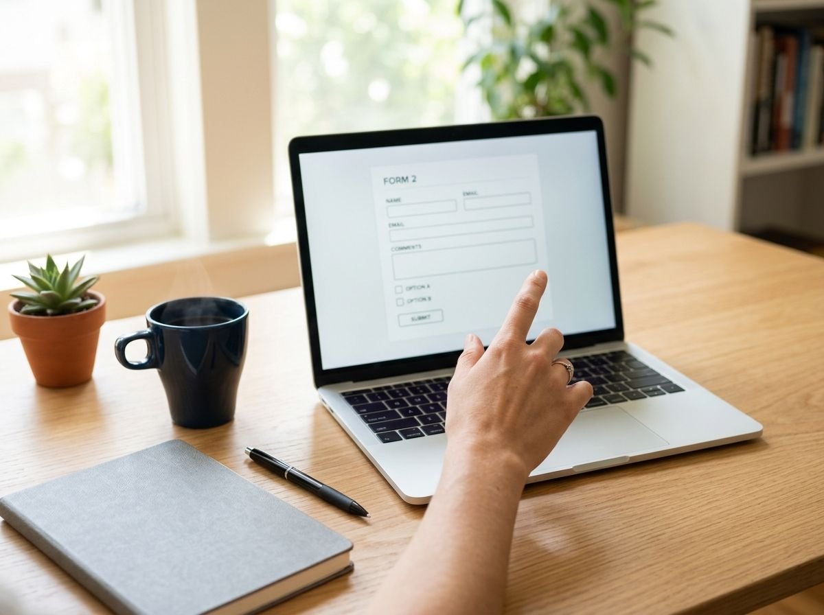 A hand pointing at an online form on a laptop