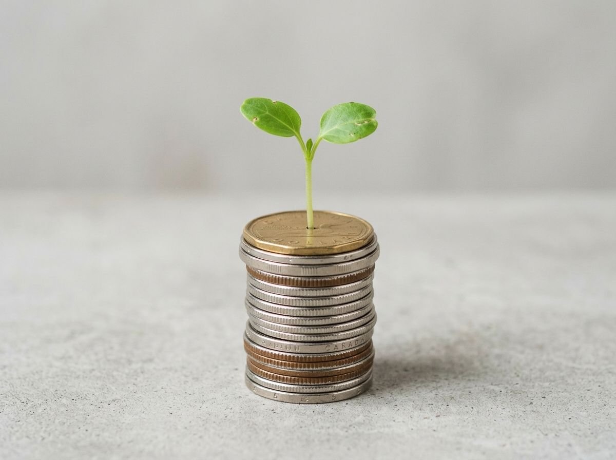 A stack of coins with a green seedling growing from the top
