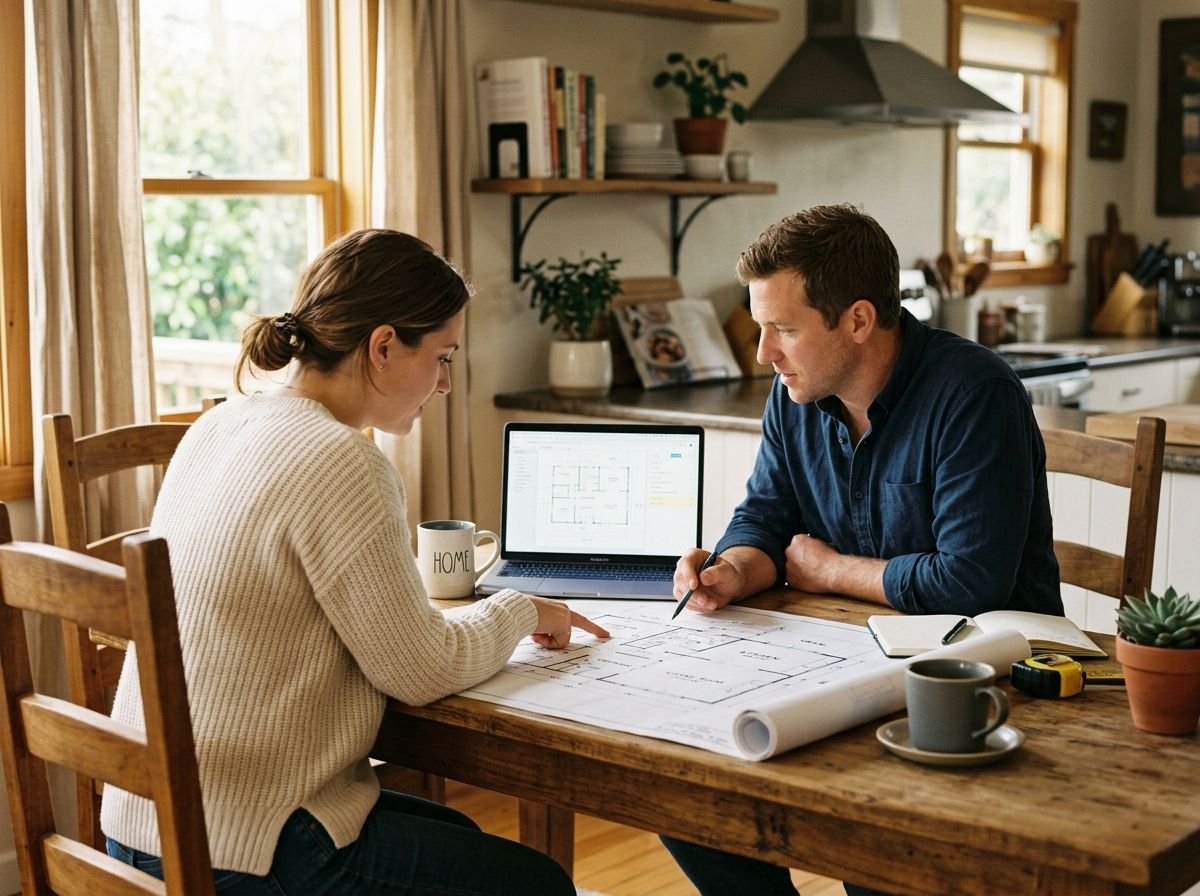 A couple reviewing house plans together at a kitchen table