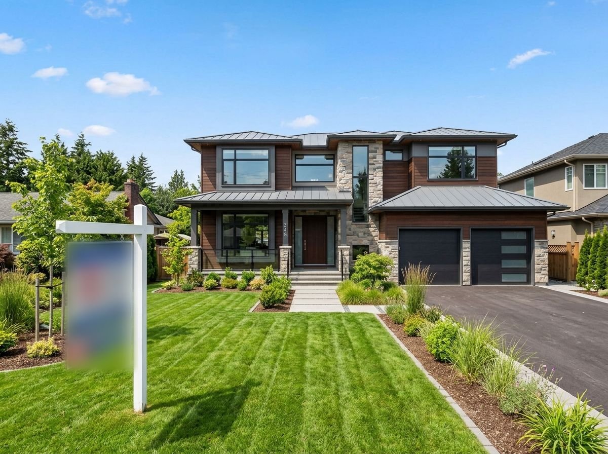 A modern house with a for-sale sign in front